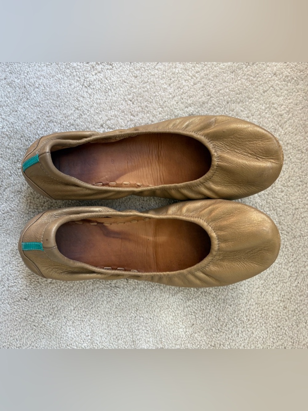 Tieks Gold Leather Ballet Flats with Teal Heel Tab